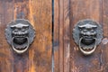 Dragon chinese door knocker on an old wooden gate Royalty Free Stock Photo