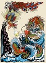 A dragon and a Chinese phoenix play with a pearl. Illustration Royalty Free Stock Photo