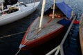 The Dragon class yacht with blue awning over cockpit, close-up