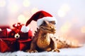 Dragon crocodile with gift box. Holiday shopping and sales concept. Generative AI