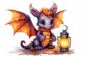 Dragon. Cute cartoon fairy tale violet orange baby dragon with open wings looks at glowing lantern and smiles