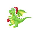 Dragon. Cute children s Christmas illustration with the image of a dragon in a Santa Claus hat with a Christmas tree toy Royalty Free Stock Photo