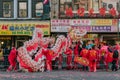 A dragon dance team getting ready at the Lunar New Year parade in Chinatown, Manhattan