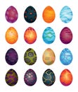 Dragon dinosaur eggs set with different pattern. Dino cartoon egg-shell. Whole painted egg icon. Vector spotted glossy Royalty Free Stock Photo