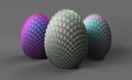 Dragon eggs 3d render on a gray background, 3 eggs of unborn dragons