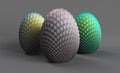 Dragon eggs 3d render on a gray background, 3 eggs of unborn dragons, grayish, silver-gold, azure-green