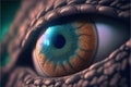 Dragon eye. Generative ai of close up lizard eye. Fantasy monster looking. Macro photography of creature. Realistic colorful eye