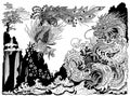 Dragon and Feng Huang are playing with a pearl. Black and white Illustration