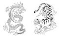 dragon fighting with tiger around yin yang symbol tattoo illustration Royalty Free Stock Photo