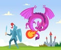 Dragon fighting. Wild fairytale fantasy creatures amphibian with wings castle attack with big flame vector background Royalty Free Stock Photo