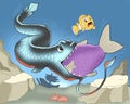 Dragon fish eats other fish cartoon