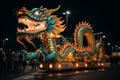 A dragon float dazzles spectators in a Chinese New Year parade at night