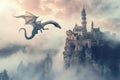 Dragon Flying Over Castle in the Sky
