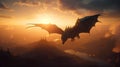 Dragon flying over the castle at sunset. 3D render. Fantasy concept