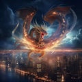 Dragon flying in sky over night city