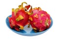 Dragon fruit is on blue dish, pitahaya, dragon-fruit, isolated pitaya on white