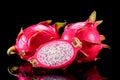 Dragon fruit isolated on black background with reflection