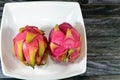Dragon fruit, pitaya, pitahaya, fruit of the genus Selenicereus (formerly Hylocereus), both in the family Cactaceae
