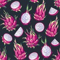 Seamless pattern with tropical dragon fruits pitaya.