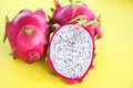 Dragon fruit slice on yellow background / Fresh pitaya summer tropical fruit Royalty Free Stock Photo