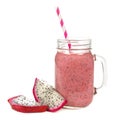 Dragon fruit smoothie in jar glass with fruit slices isolated