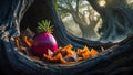 Pink Dragon Fruit in Mystical Forest Setting with Crispy Snacks Royalty Free Stock Photo