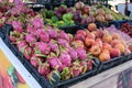 Dragon fruit is sold from a street stall. Fruit stall at the farmers market Royalty Free Stock Photo