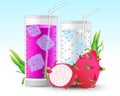 Dragon Fruits Juice Drink in glass Realistic Vector. Pitaya Fruits