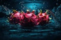 Dragon Fruits are submerged and tossed in water. A fresh and creative advertising concept for fruit photography. Generative AI