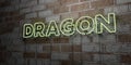 DRAGON - Glowing Neon Sign on stonework wall - 3D rendered royalty free stock illustration