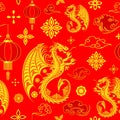Dragon Golden Symbol of Happy Chinese New Year Vector Seamless Repeat Pattern Design Textile Motive illustration