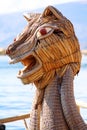 Dragon head boat in Titicaca lake near Puno, Peru