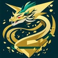 Dragon head with gold ribbon on a dark background. Vector illustration. AI Generated
