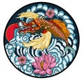 Dragon head and koi carp fish in circle design for tattoo