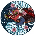 Dragon head and koi carp fish in circle design for tattoo