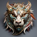 Dragon head mask in colorful enameled and gold and silver metal.