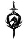 Dragon head and sword black vector heraldic shield