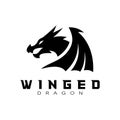 Dragon head wing wyvern silhouette logo design. Winged dragon vector icon in black and white color