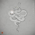 Dragon holding a magic pearl on grey background. Translation of hieroglyph - eternity. Symbol of the chinese new year