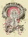 Dragon and japanese samurai battle, hand drawn fantasy art. Snake vs warrior tattoo. Vector illustration.