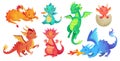 Dragon kids. Fantasy baby dragons, funny fairytale reptile and medieval legends fire breathing serpent cartoon isolated