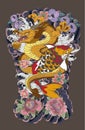 The Dragon and koi carp fish with water splash and peony flower,cherry blossom,peach blossom on cloud background. Royalty Free Stock Photo