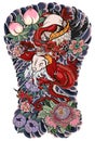 The Dragon and koi carp fish with water splash and peony flower,cherry blossom,peach blossom on cloud background. Royalty Free Stock Photo