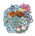 Dragon with Koi Dragon and lotus flower tattoo.peach with Sakura and plum flower on cloud background.