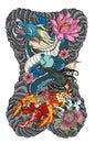 Dragon with Koi Dragon and lotus flower tattoo.peach with Sakura and plum flower on cloud background.