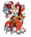 Dragon with Koi Dragon and lotus flower tattoo.peach with Sakura and plum flower on cloud background.