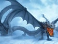 AI generated image of Dragon with a large head a big sharp yellow teeth in the snow