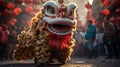 Dragon or lion dance show barongsai in celebration chinese lunar new year festival. Generative AI