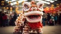 Dragon or lion dance show barongsai in celebration chinese lunar new year festival. Generative AI Royalty Free Stock Photo