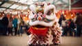 Dragon or lion dance show barongsai in celebration chinese lunar new year festival. Generative AI Royalty Free Stock Photo